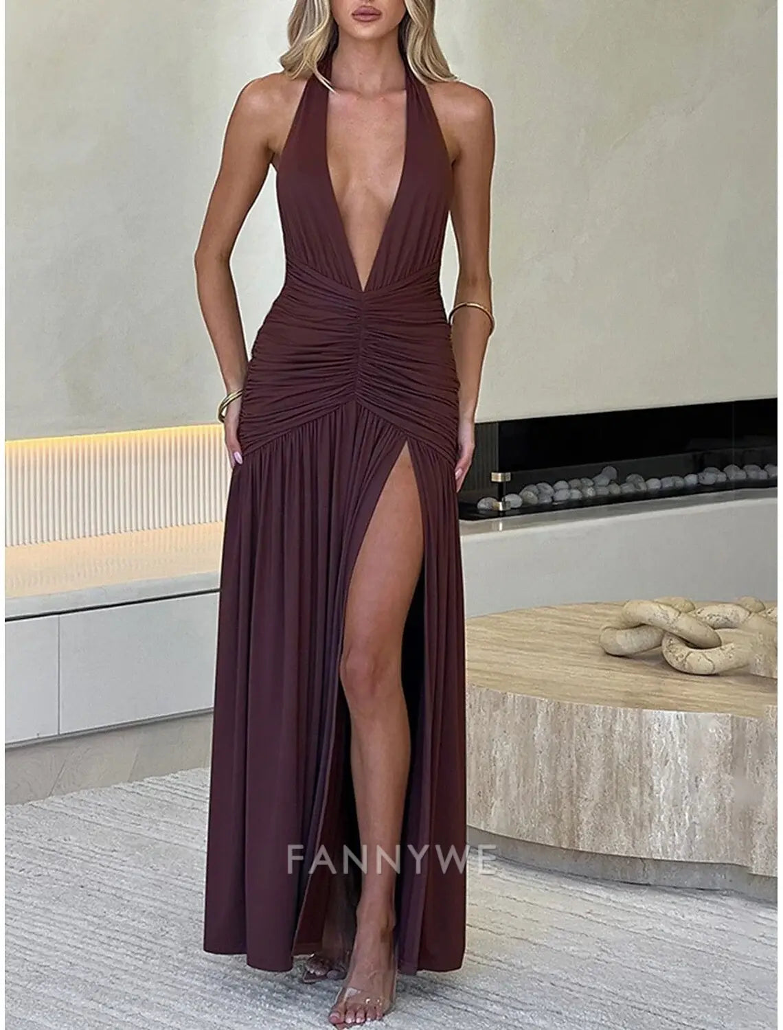 FannyWe Simple Mermaid / Trumpet Party Dresses Elegant Dress Wedding Wedding Guest Floor Length Sleeveless Halter Neck Imitation Silk Backless with Slit