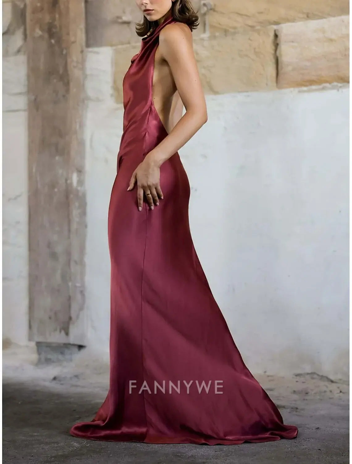 FannyWe Simple Mermaid / Trumpet Party Dresses Elegant Dress Wedding Wedding Guest Sweep / Brush Train Sleeveless Halter Neck Polyester Backless with Slit