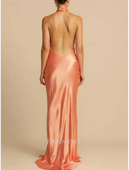 FannyWe Simple Mermaid / Trumpet Party Dresses Elegant Dress Wedding Wedding Guest Sweep / Brush Train Sleeveless Halter Neck Polyester Backless with Slit
