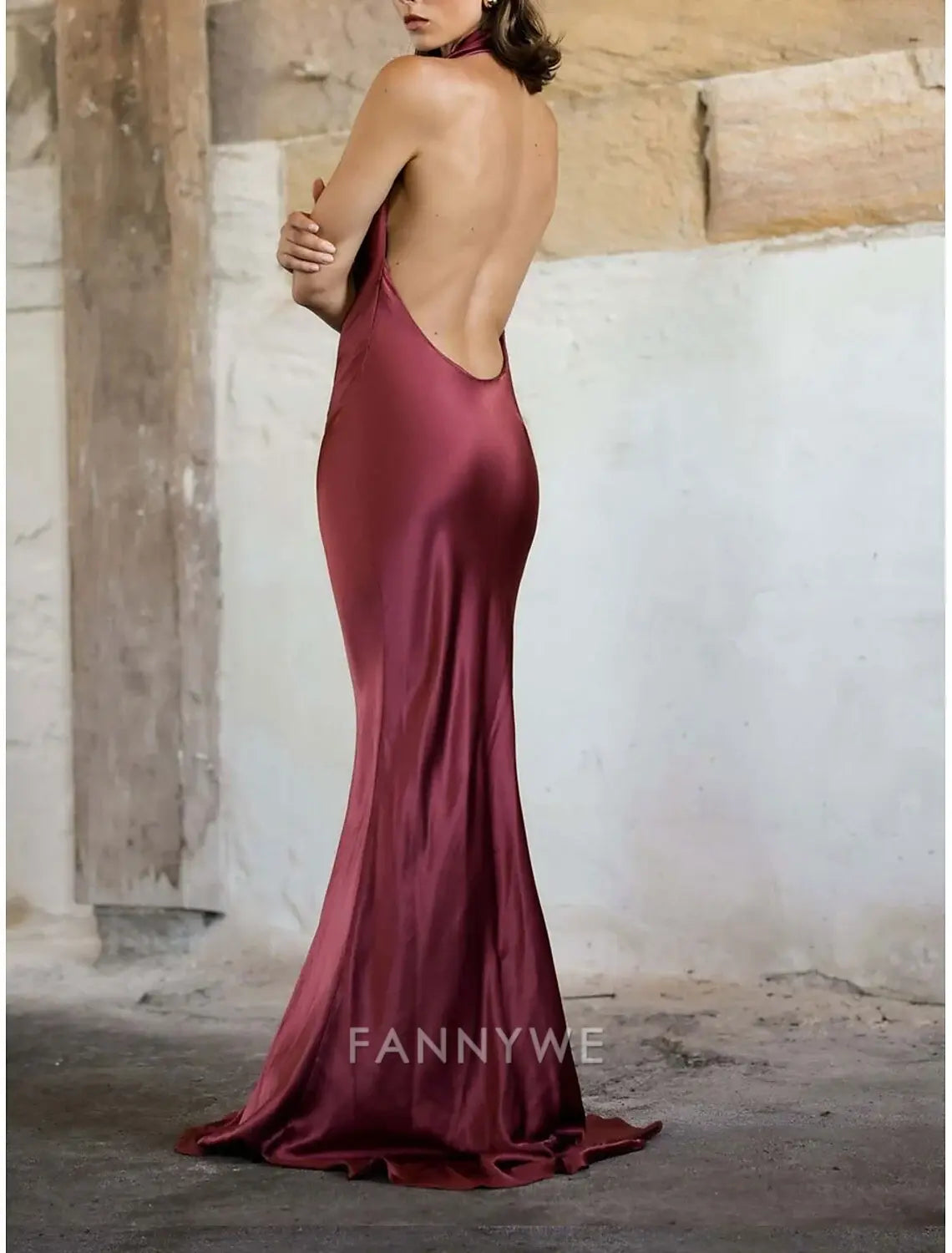FannyWe Simple Mermaid / Trumpet Party Dresses Elegant Dress Wedding Wedding Guest Sweep / Brush Train Sleeveless Halter Neck Polyester Backless with Slit