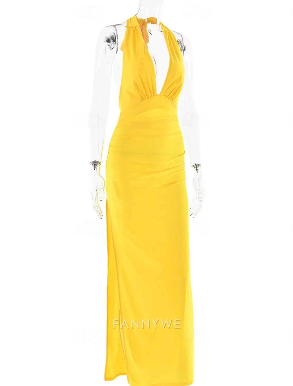 FannyWe Simple Mermaid / Trumpet Party Dresses Yellow Satin Dress Wedding Wedding Guest Floor Length Sleeveless Halter Neck With Ruched Details