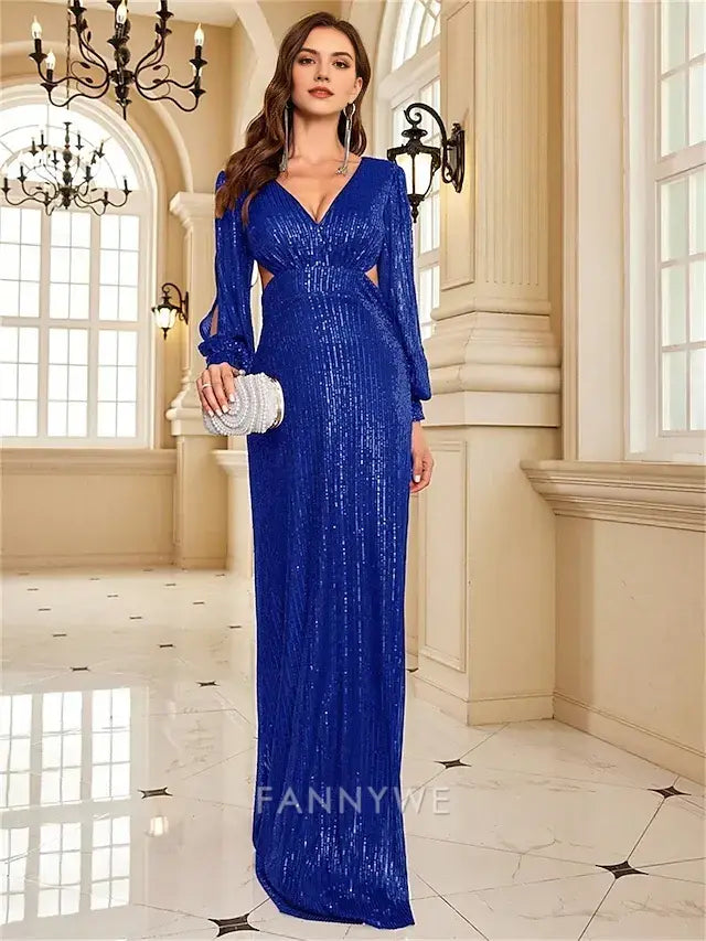 FannyWe Simple Mermaid / Trumpet Quinceanera Dresses Elegant Dress Formal Wedding Floor Length Long Sleeve V Neck Sequined with Sequin