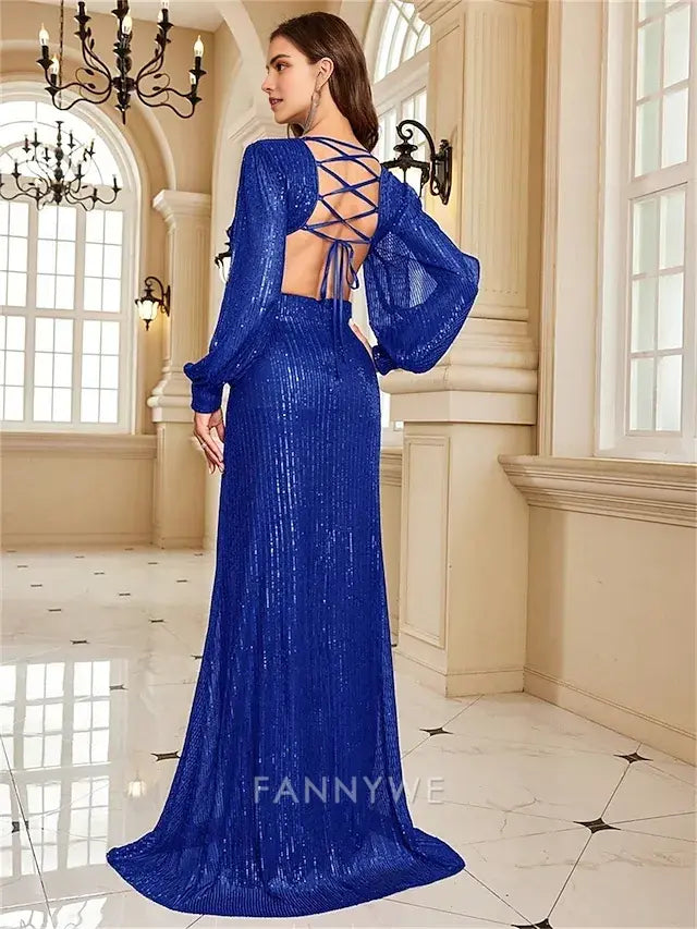 FannyWe Simple Mermaid / Trumpet Quinceanera Dresses Elegant Dress Formal Wedding Floor Length Long Sleeve V Neck Sequined with Sequin