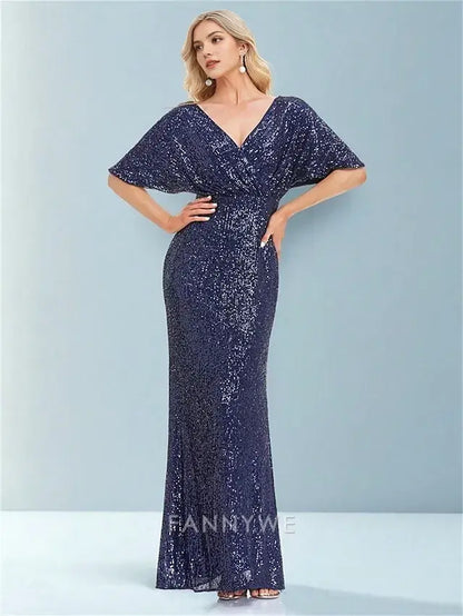 FannyWe Simple Mermaid / Trumpet Quinceanera Dresses Elegant Dress Formal Wedding Floor Length Short Sleeve V Neck Polyester with Glitter