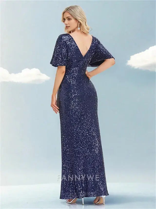 FannyWe Simple Mermaid / Trumpet Quinceanera Dresses Elegant Dress Formal Wedding Floor Length Short Sleeve V Neck Polyester with Glitter