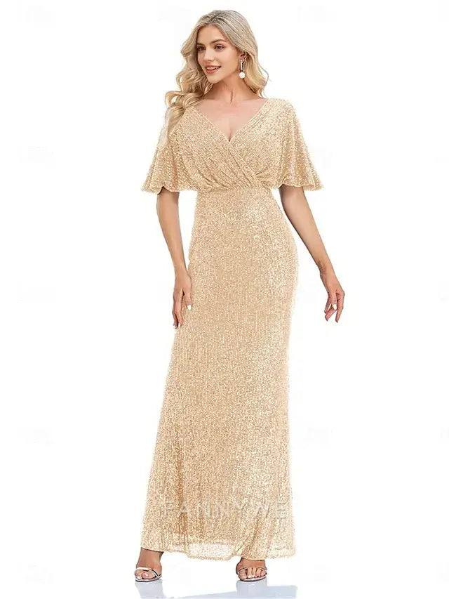 FannyWe Simple Mermaid / Trumpet Quinceanera Dresses Elegant Dress Formal Wedding Floor Length Short Sleeve V Neck Polyester with Glitter