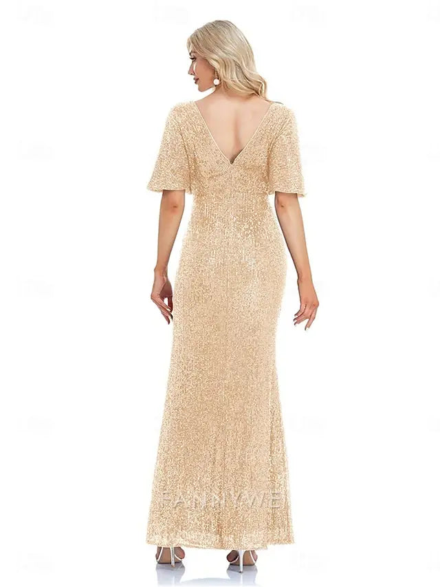 FannyWe Simple Mermaid / Trumpet Quinceanera Dresses Elegant Dress Formal Wedding Floor Length Short Sleeve V Neck Polyester with Glitter