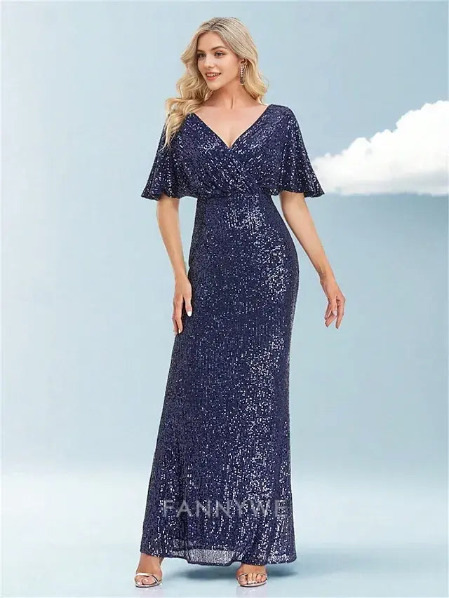 FannyWe Simple Mermaid / Trumpet Quinceanera Dresses Elegant Dress Formal Wedding Floor Length Short Sleeve V Neck Polyester with Glitter