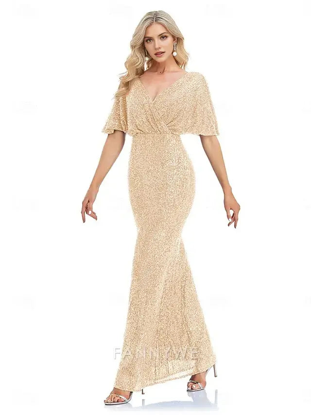 FannyWe Simple Mermaid / Trumpet Quinceanera Dresses Elegant Dress Formal Wedding Floor Length Short Sleeve V Neck Polyester with Glitter