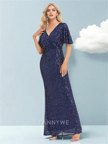 FannyWe Simple Mermaid / Trumpet Quinceanera Dresses Elegant Dress Formal Wedding Floor Length Short Sleeve V Neck Polyester with Glitter