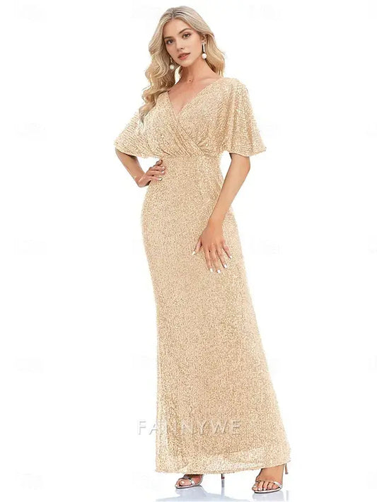 FannyWe Simple Mermaid / Trumpet Quinceanera Dresses Elegant Dress Formal Wedding Floor Length Short Sleeve V Neck Polyester with Glitter