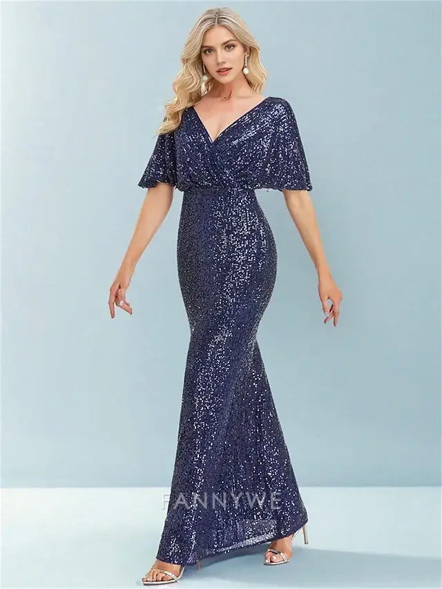 FannyWe Simple Mermaid / Trumpet Quinceanera Dresses Elegant Dress Formal Wedding Floor Length Short Sleeve V Neck Polyester with Glitter