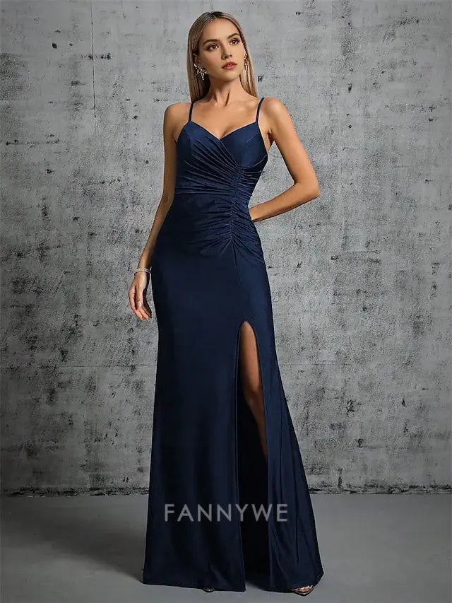 FannyWe Simple Mermaid / Trumpet Quinceanera Dresses Elegant Dress Formal Wedding Floor Length Sleeveless Spaghetti Strap Satin Backless with Ruched Slit