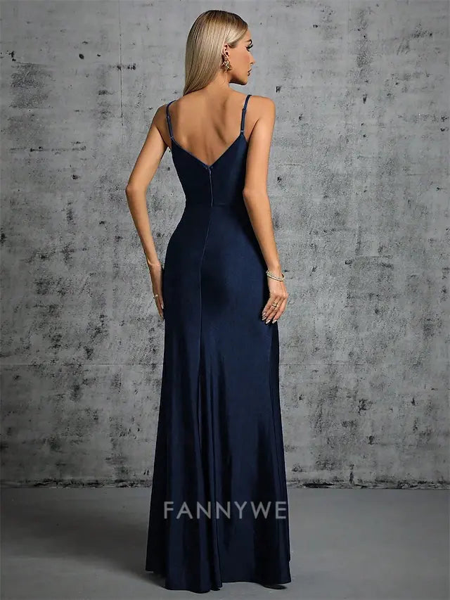 FannyWe Simple Mermaid / Trumpet Quinceanera Dresses Elegant Dress Formal Wedding Floor Length Sleeveless Spaghetti Strap Satin Backless with Ruched Slit