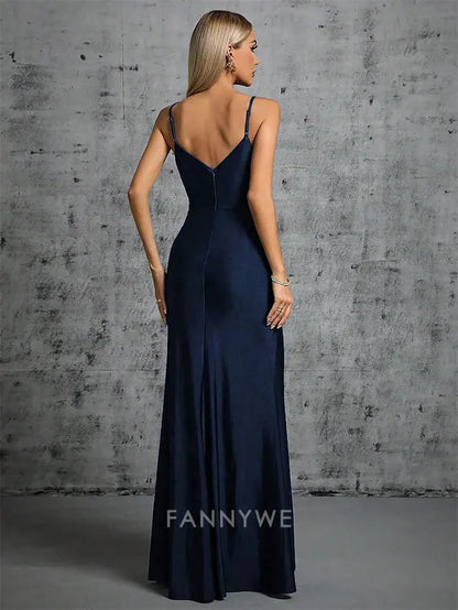 FannyWe Simple Mermaid / Trumpet Quinceanera Dresses Elegant Dress Formal Wedding Floor Length Sleeveless Spaghetti Strap Satin Backless with Ruched Slit