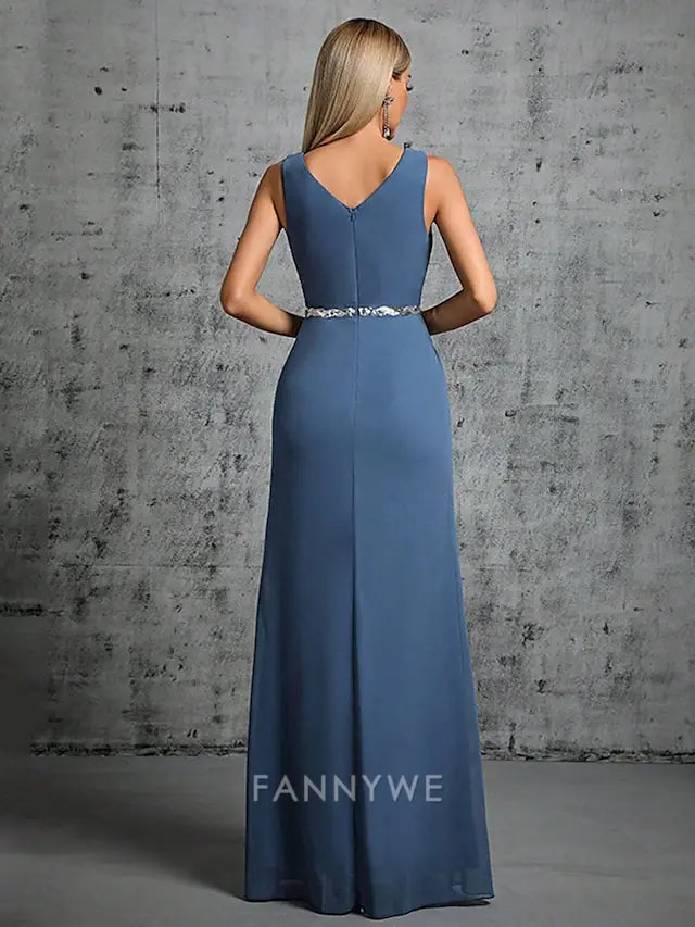 FannyWe Simple Mermaid / Trumpet Quinceanera Dresses Elegant Dress Formal Wedding Floor Length Sleeveless V Neck Chiffon with Slit