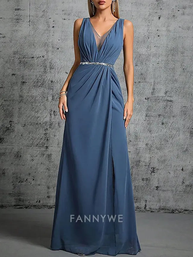 FannyWe Simple Mermaid / Trumpet Quinceanera Dresses Elegant Dress Formal Wedding Floor Length Sleeveless V Neck Chiffon with Slit