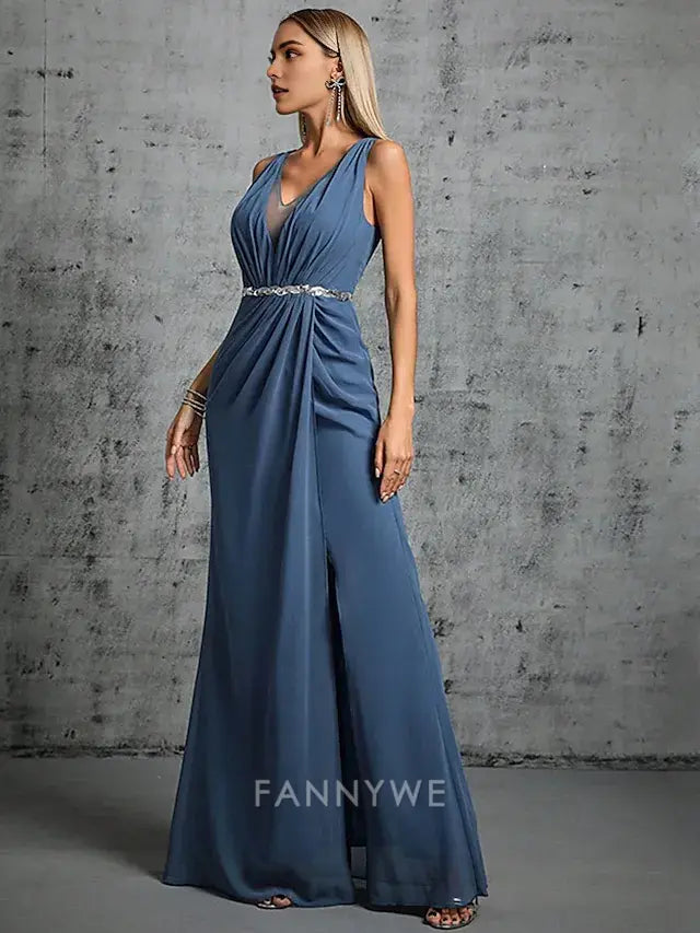 FannyWe Simple Mermaid / Trumpet Quinceanera Dresses Elegant Dress Formal Wedding Floor Length Sleeveless V Neck Chiffon with Slit