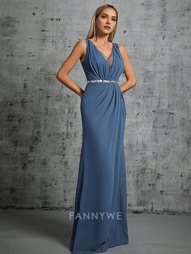 FannyWe Simple Mermaid / Trumpet Quinceanera Dresses Elegant Dress Formal Wedding Floor Length Sleeveless V Neck Chiffon with Slit