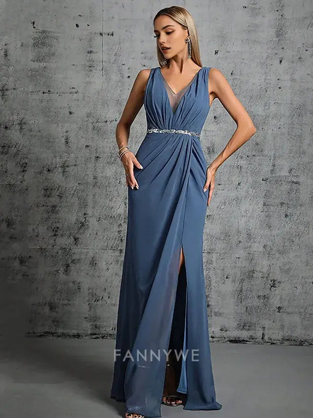 FannyWe Simple Mermaid / Trumpet Quinceanera Dresses Elegant Dress Formal Wedding Floor Length Sleeveless V Neck Chiffon with Slit