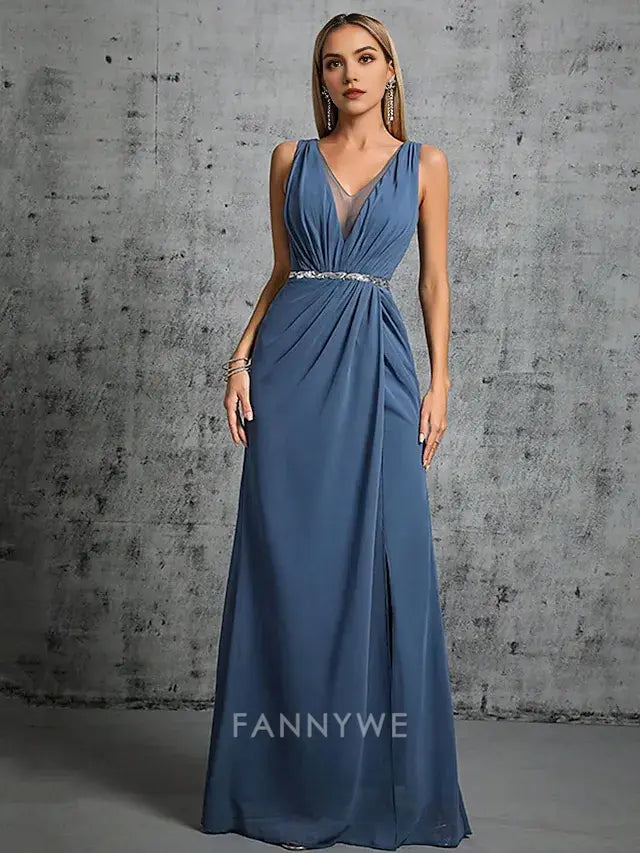 FannyWe Simple Mermaid / Trumpet Quinceanera Dresses Elegant Dress Formal Wedding Floor Length Sleeveless V Neck Chiffon with Slit