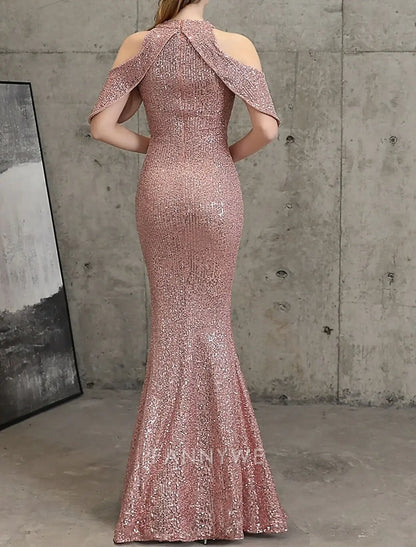 FannyWe Vestidos de quinceañera sencillos de sirena/trompeta Vestido elegante Boda Invitada de boda Largo hasta el suelo Sin mangas Cuello alto Lentejuelas con lentejuelas
