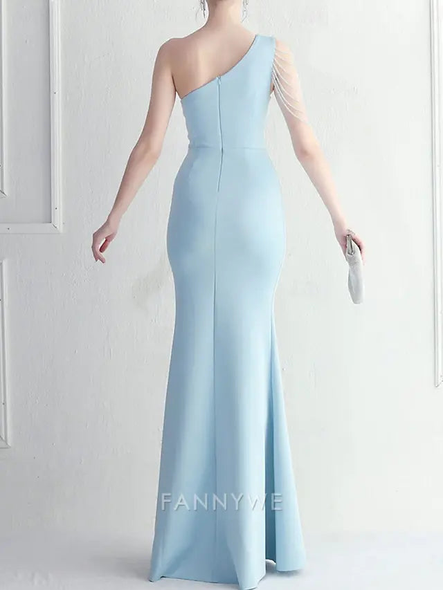 FannyWe Simple Mermaid / Trumpet Quinceanera Dresses Elegant Dress Wedding Wedding Guest Floor Length Sleeveless One Shoulder Polyester with Slit