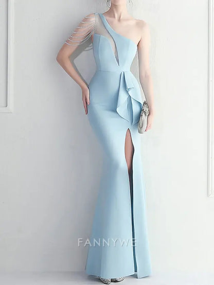 FannyWe Simple Mermaid / Trumpet Quinceanera Dresses Elegant Dress Wedding Wedding Guest Floor Length Sleeveless One Shoulder Polyester with Slit