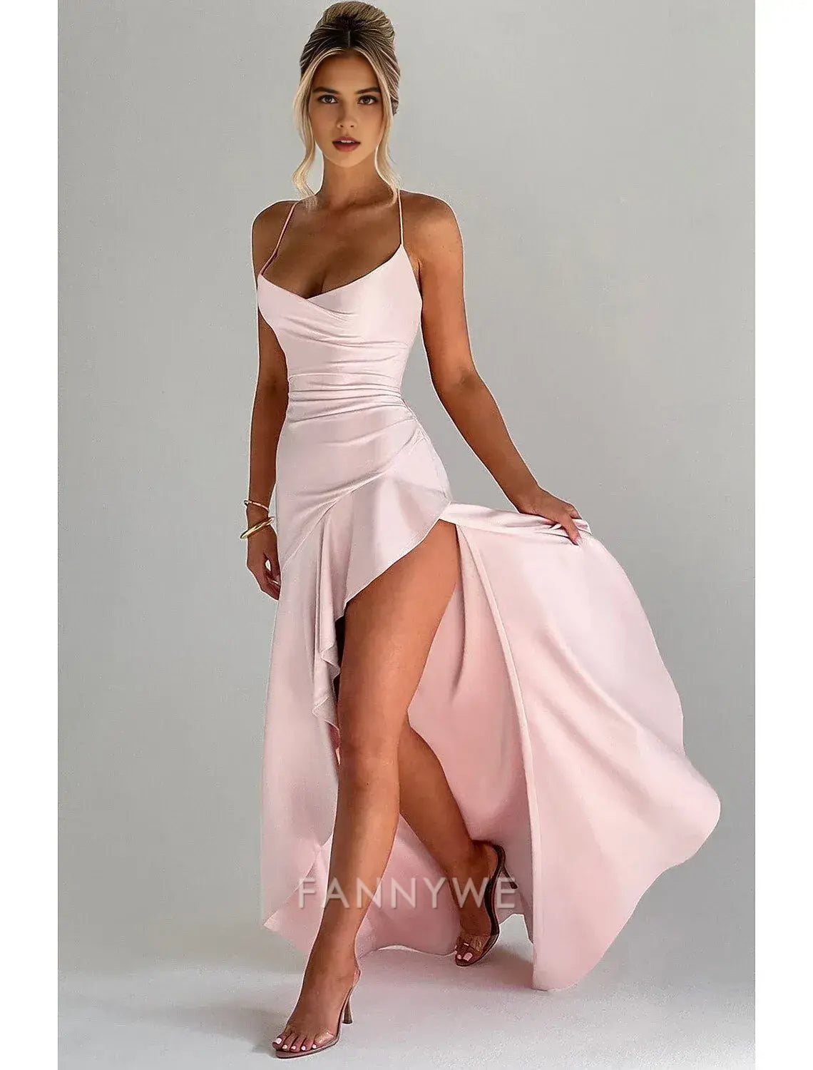 FannyWe Simple Mermaid / Trumpet Quinceanera Dresses Elegant Dress Wedding Wedding Guest Floor Length Sleeveless Spaghetti Strap Polyester Backless with Slit