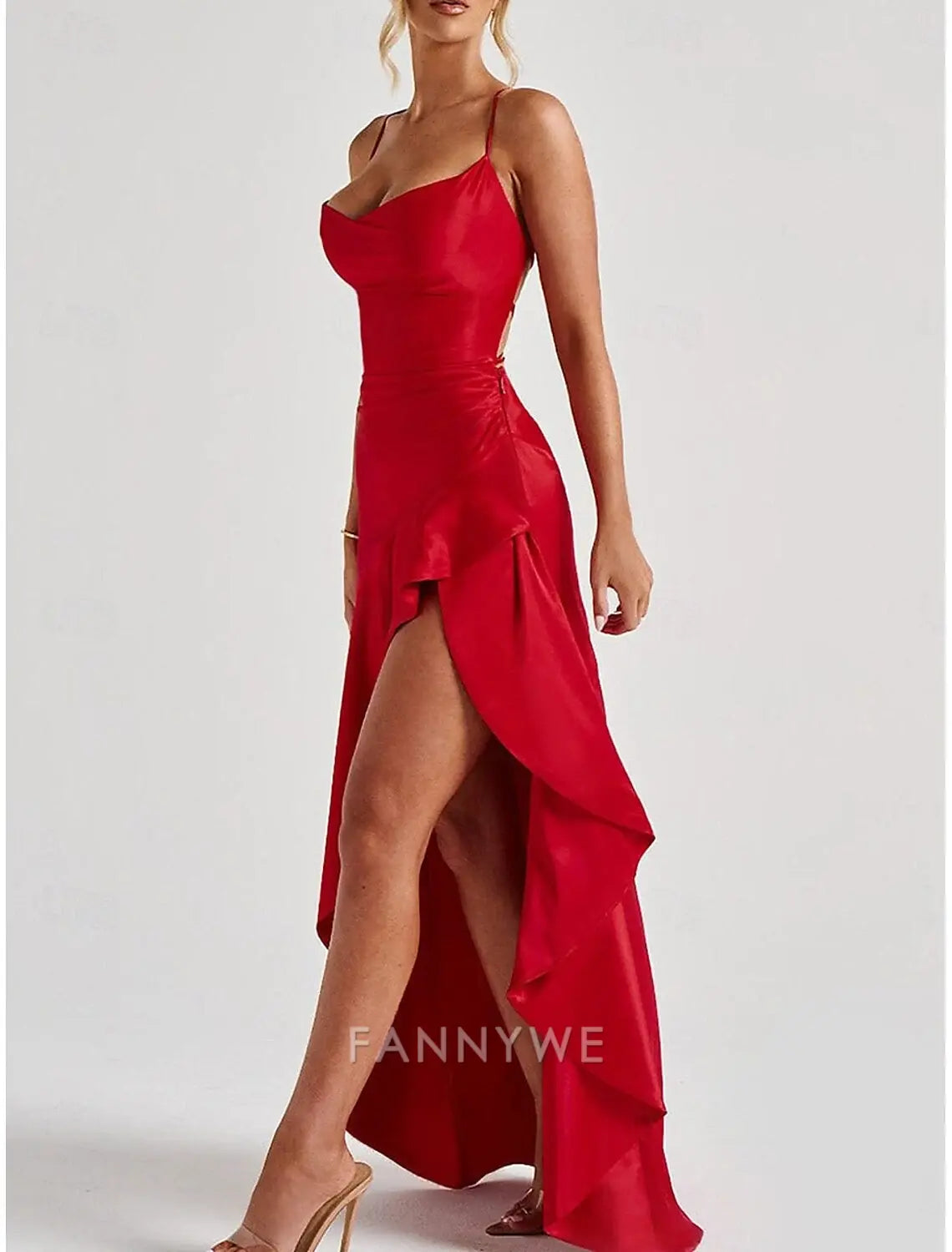 FannyWe Vestidos de quinceañera sencillos de sirena/trompeta, vestido elegante para boda, invitada de boda, largo hasta el suelo, sin mangas, tirantes finos, poliéster, sin espalda con abertura