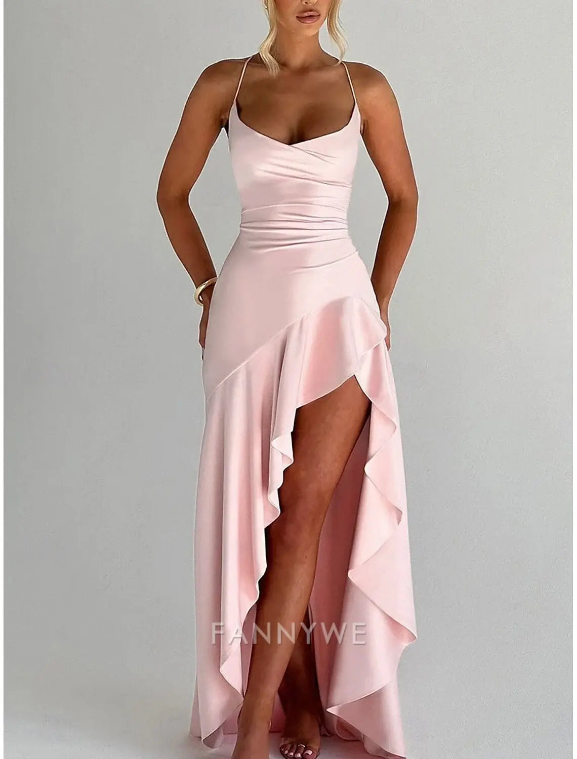 FannyWe Simple Mermaid / Trumpet Quinceanera Dresses Elegant Dress Wedding Wedding Guest Floor Length Sleeveless Spaghetti Strap Polyester Backless with Slit