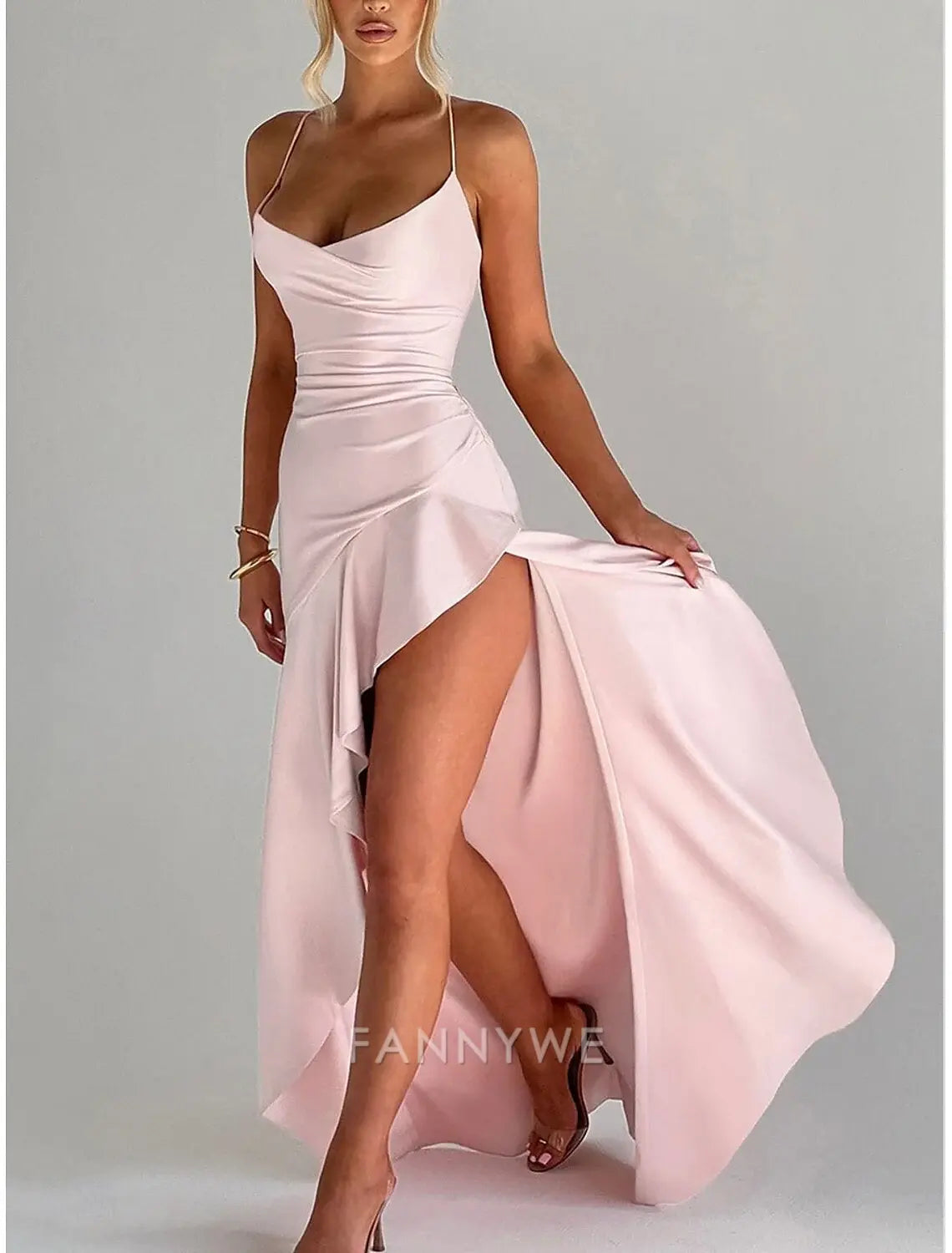 FannyWe Simple Mermaid / Trumpet Quinceanera Dresses Elegant Dress Wedding Wedding Guest Floor Length Sleeveless Spaghetti Strap Polyester Backless with Slit