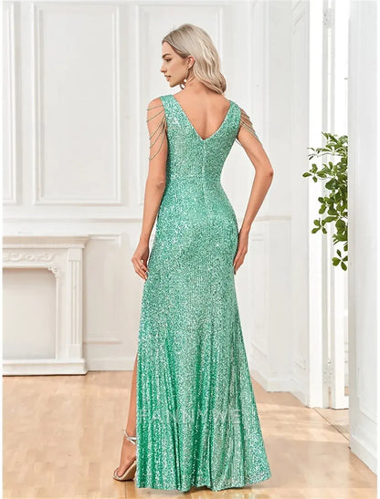 FannyWe Vestidos de quinceañera sencillos de sirena/trompeta Vestido elegante para boda Invitada de boda Largo hasta el suelo Sin mangas Cuello en V Poliéster con lentejuelas 