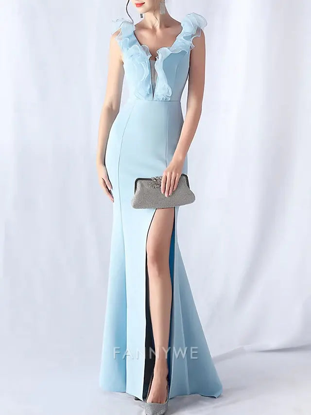 FannyWe Simple Mermaid / Trumpet Quinceanera Dresses Elegant Dress Wedding Wedding Guest Floor Length Sleeveless V Neck Spandex with Ruffles