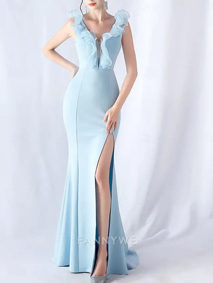 FannyWe Simple Mermaid / Trumpet Quinceanera Dresses Elegant Dress Wedding Wedding Guest Floor Length Sleeveless V Neck Spandex with Ruffles