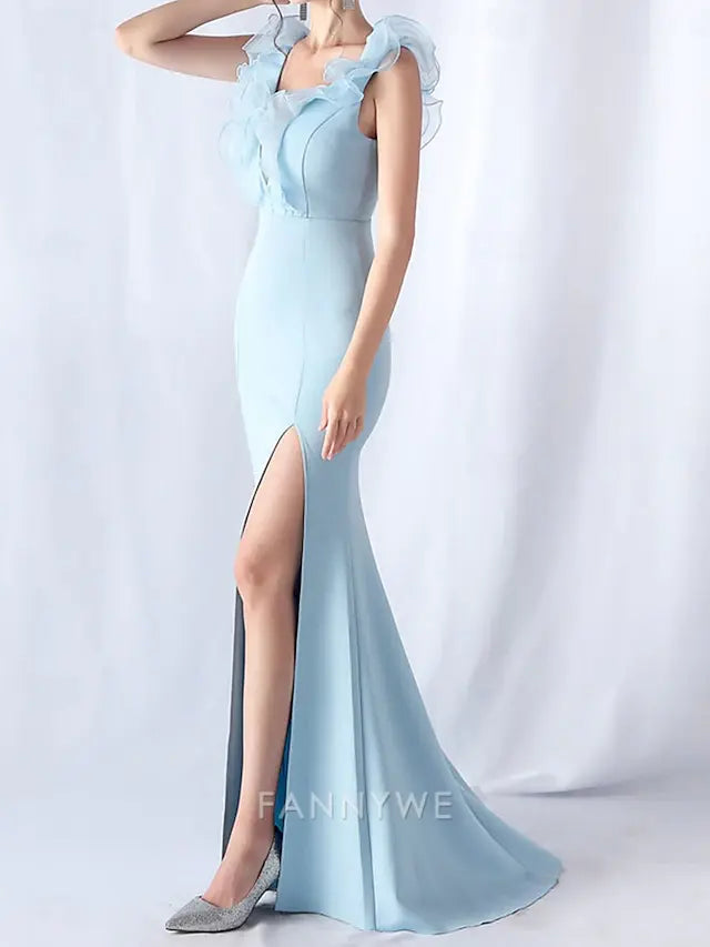 FannyWe Simple Mermaid / Trumpet Quinceanera Dresses Elegant Dress Wedding Wedding Guest Floor Length Sleeveless V Neck Spandex with Ruffles