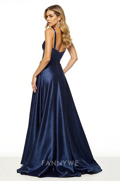 Vestido de fiesta largo FannyWe de satén azul marino sencillo con tirantes finos y abertura en forma de A 
