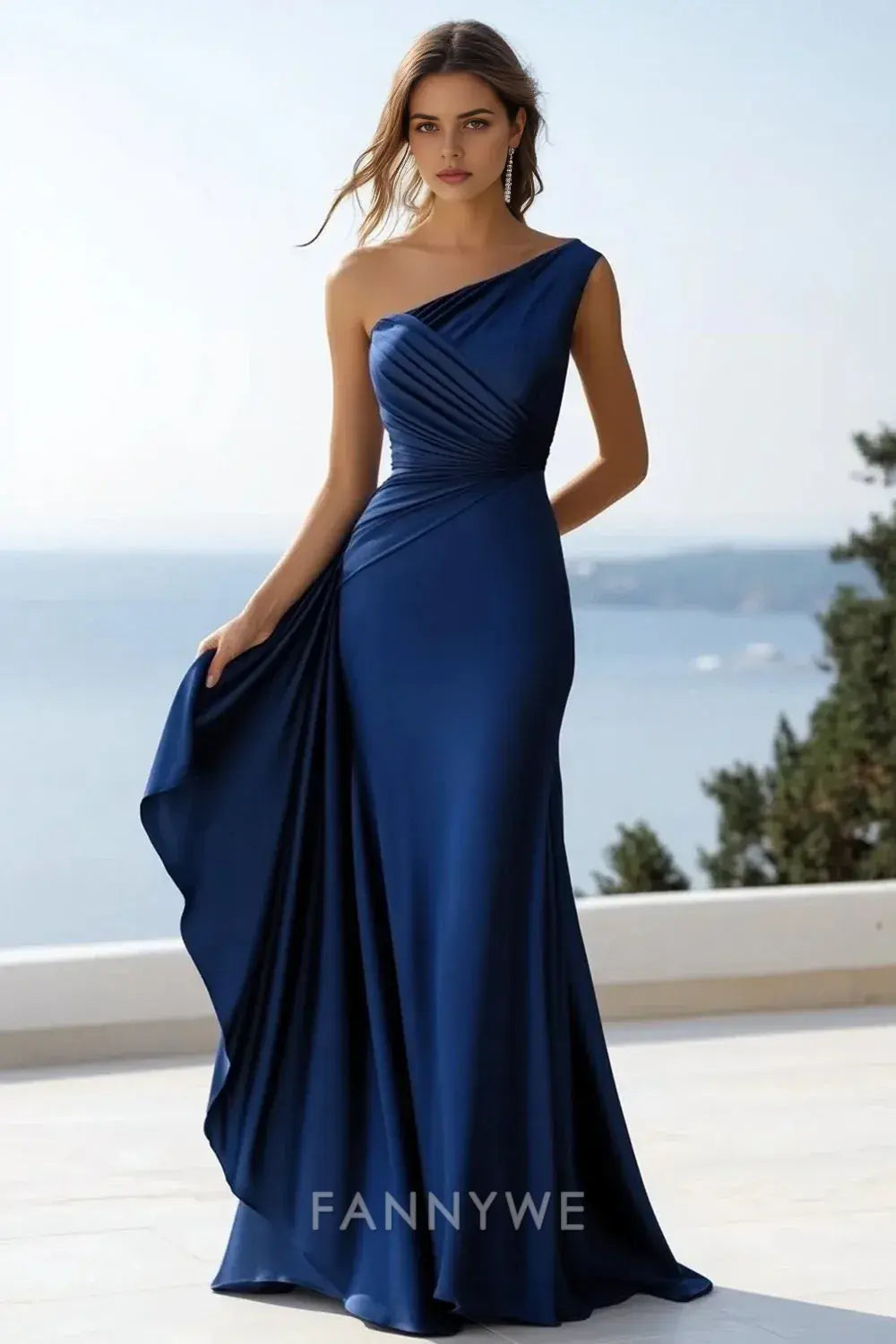 FannyWe Simple Navy Satin Mermaid Long One Shoulder Formal Dress