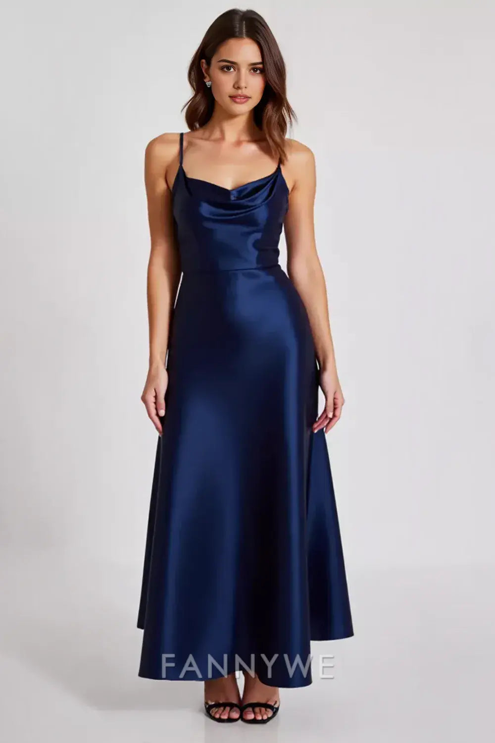 FannyWe Simple Navy Sheath Spaghetti Straps Ruched Long Formal Dress