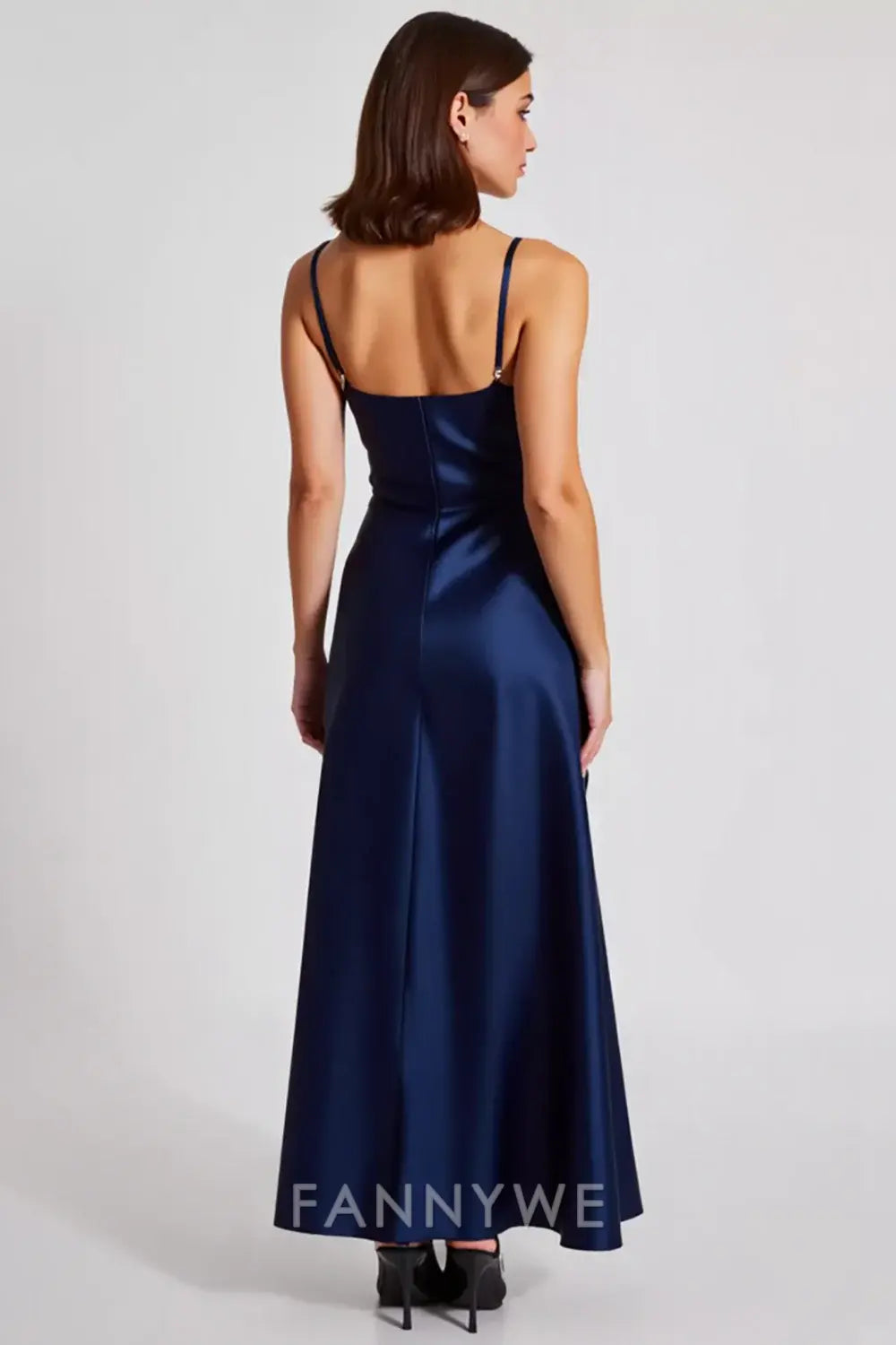 FannyWe Simple Navy Sheath Spaghetti Straps Ruched Long Formal Dress