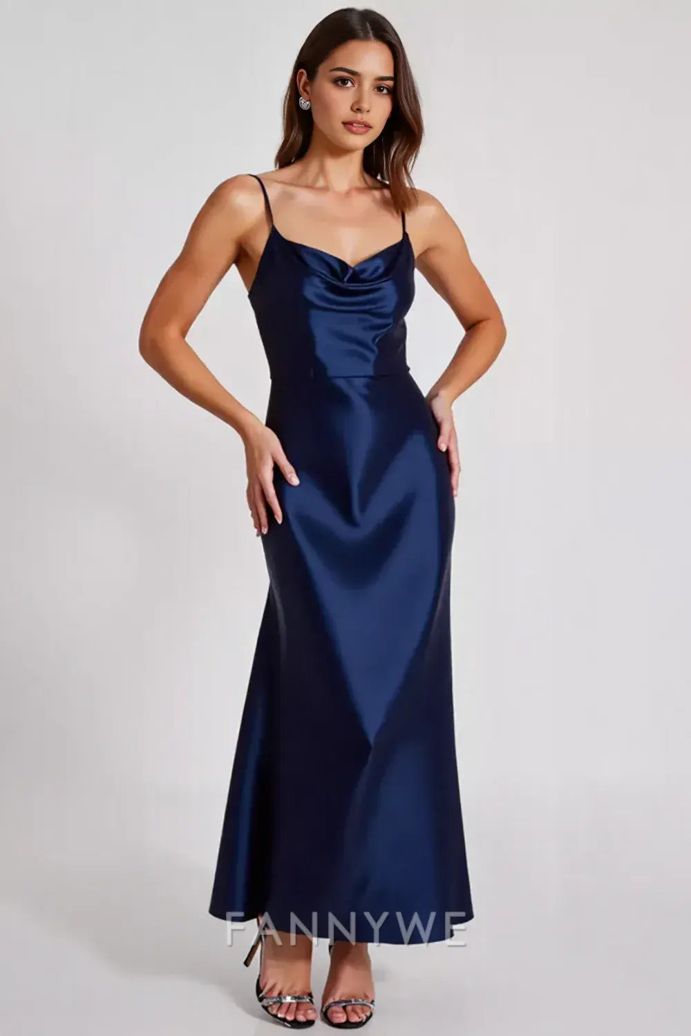 FannyWe Simple Navy Sheath Spaghetti Straps Ruched Long Formal Dress