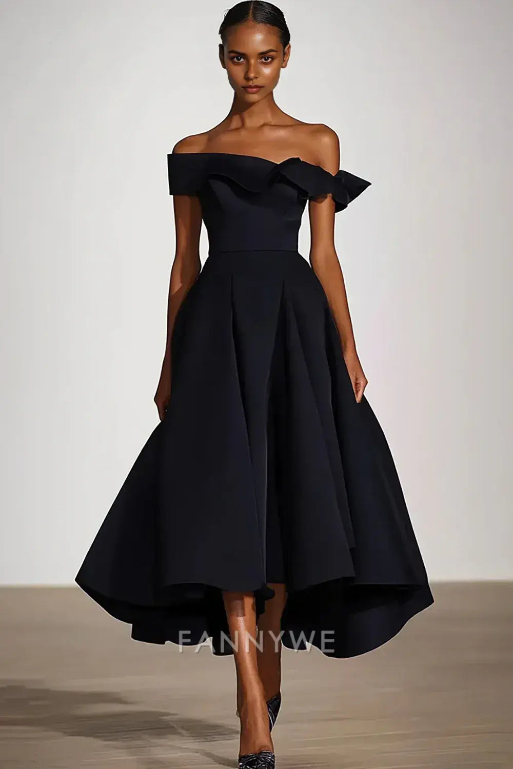 FannyWe Simple Off the Shoulder Black A Line Knee-Length Formal Dress
