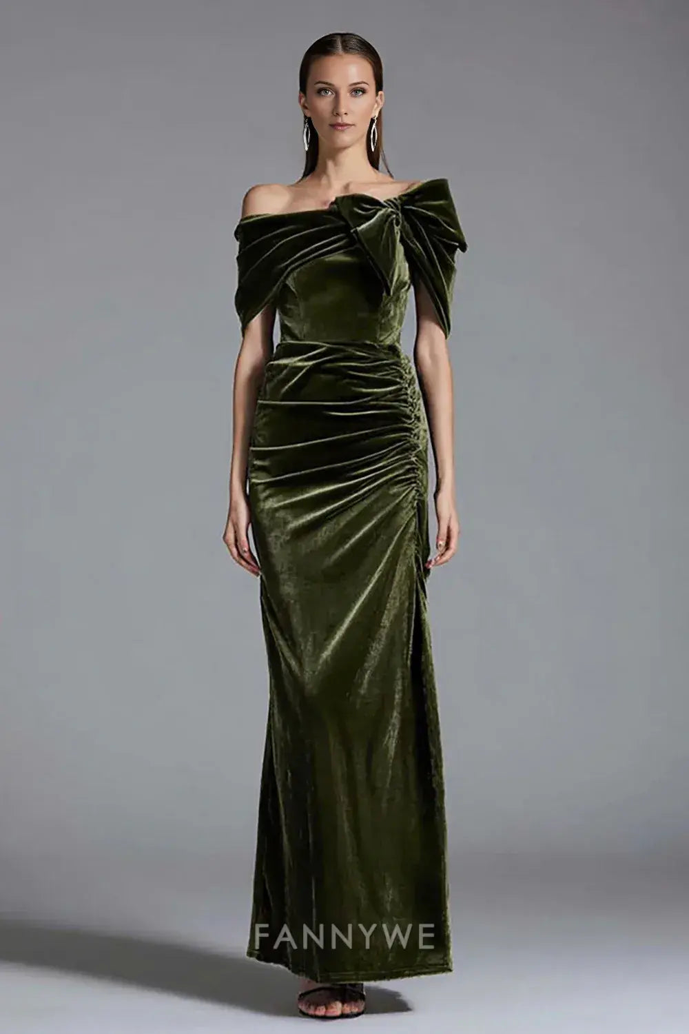 FannyWe Simple Olive Sheath Off the Shoulder Long Velvet Holiday Party Dress with Bow