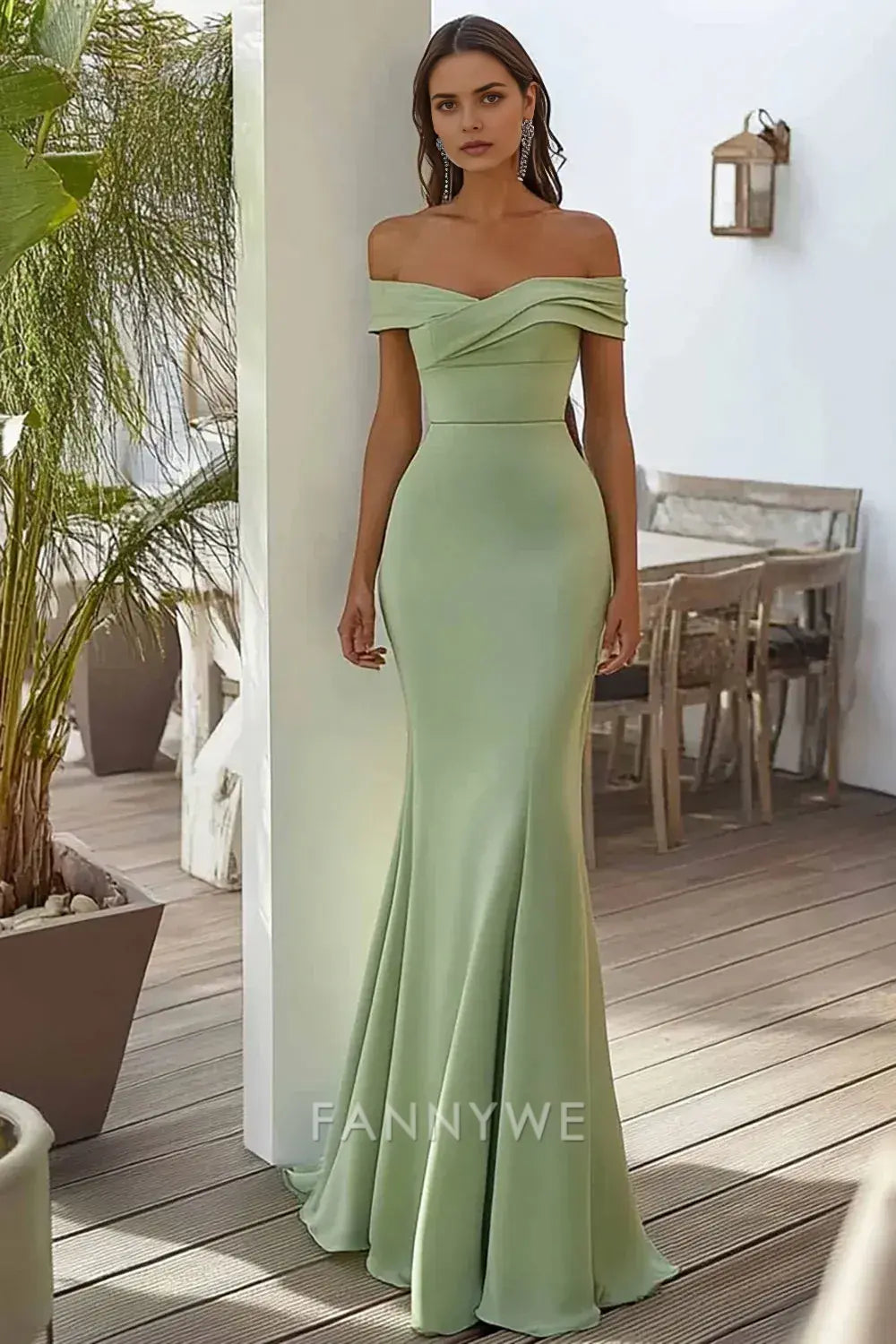 FannyWe Simple Sage Off the Shoulder Mermaid Long Satin Formal Dress