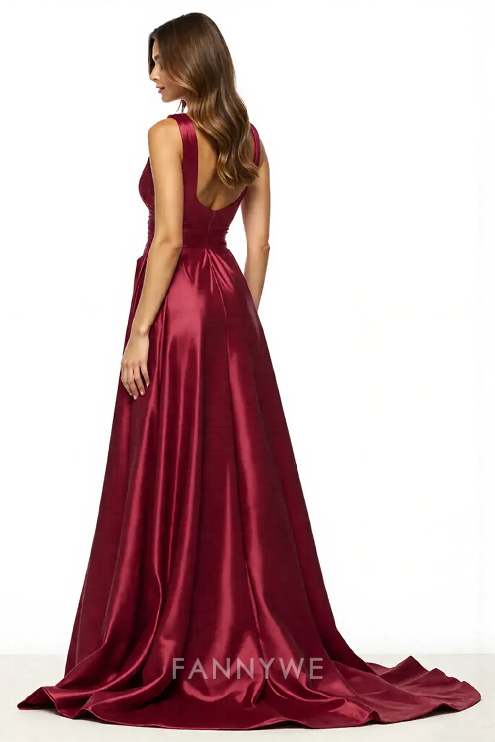 FannyWe Simple Satin Burgundy V-Neck A Line Long Prom Dress with Slit