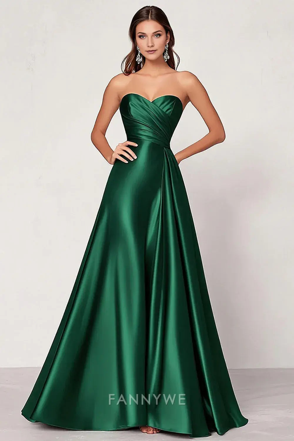 FannyWe Simple Satin Dark Green A Line Sweetheart Ruched Long Prom Dress