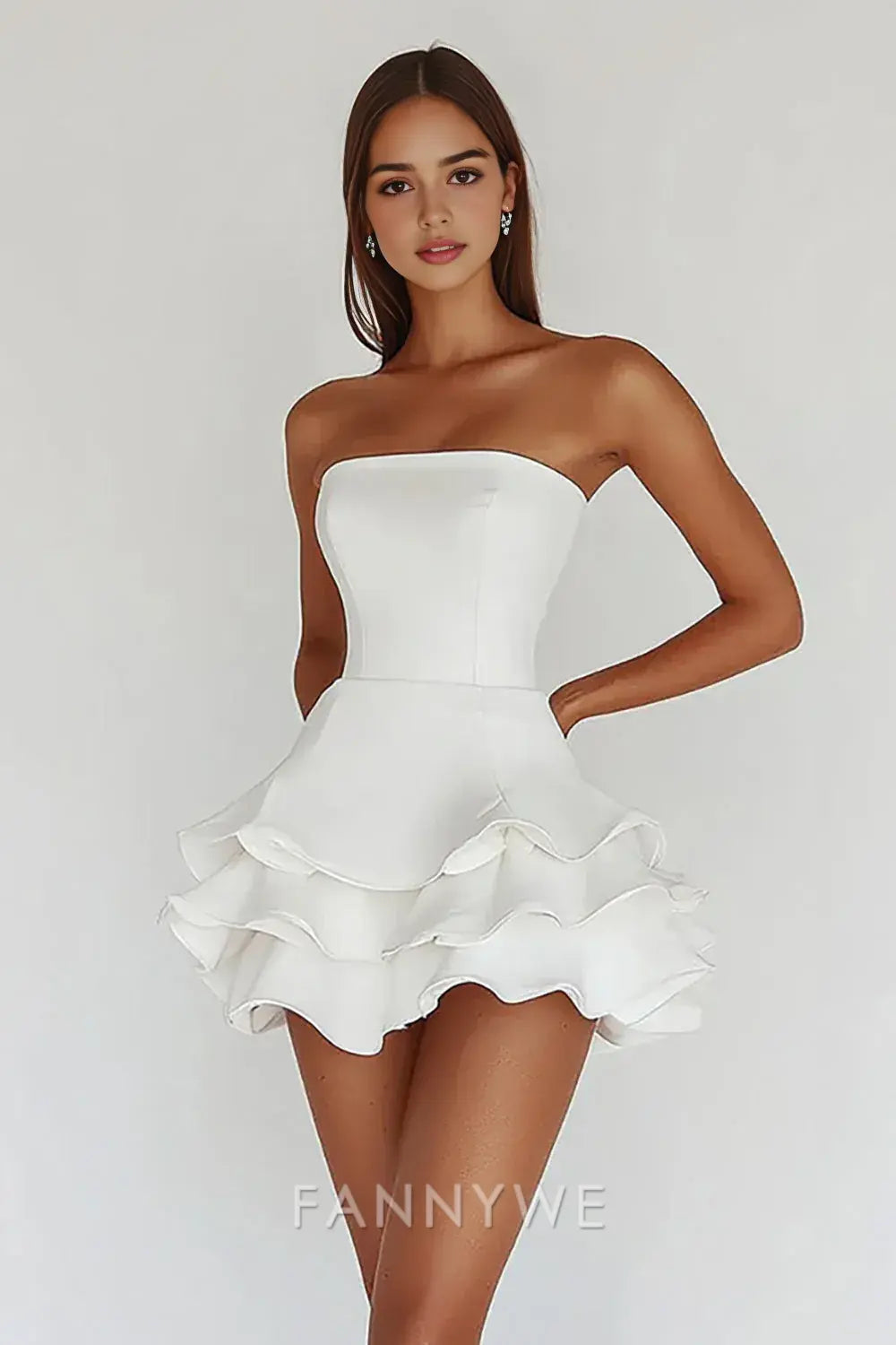 FannyWe Simple Satin White A Line Strapless Graduation Homecoming Dress with Ruffles