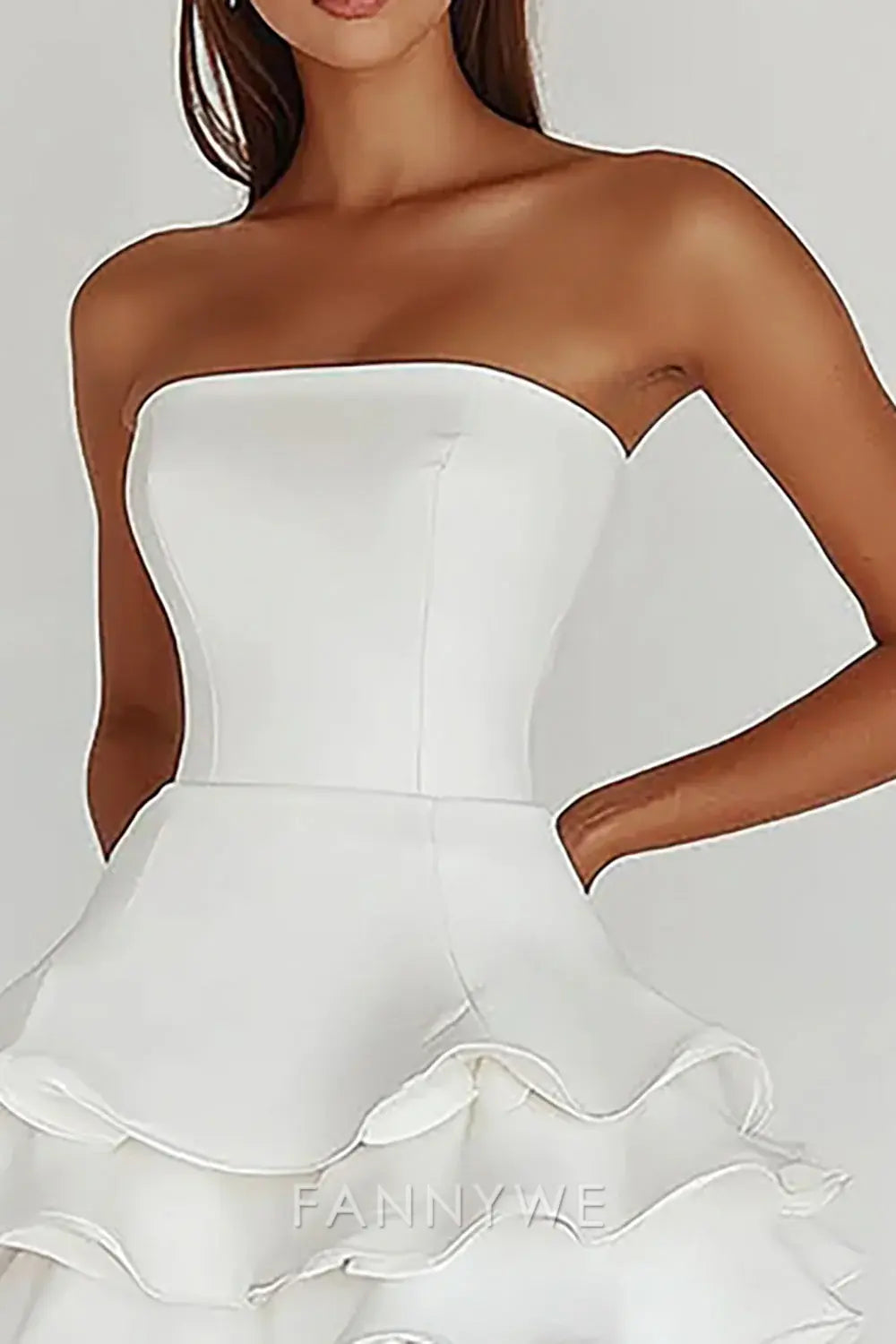 FannyWe Simple Satin White A Line Strapless Graduation Homecoming Dress with Ruffles