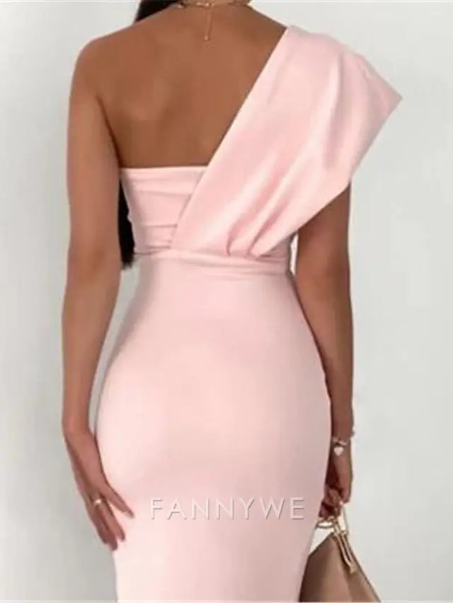 FannyWe Simple Sheath Cocktail Dresses Elegant Dress Wedding Guest Prom Tea Length Sleeveless One Shoulder Stretch Fabric with Slit Pure Color Strappy Dresses
