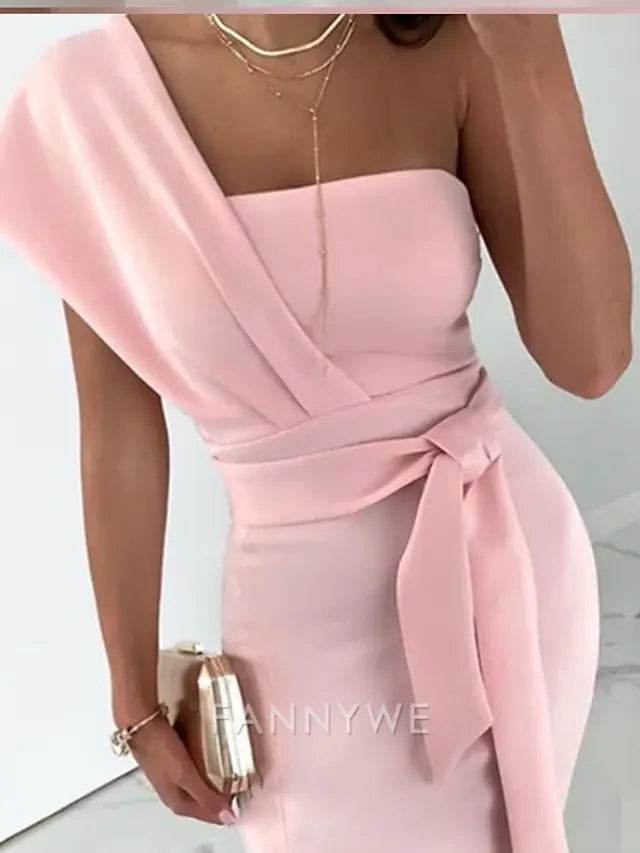 FannyWe Simple Sheath Cocktail Dresses Elegant Dress Wedding Guest Prom Tea Length Sleeveless One Shoulder Stretch Fabric with Slit Pure Color Strappy Dresses